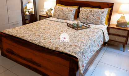 Rust orange bloom on cream base - Quilted reversible bedcover in pure cotton