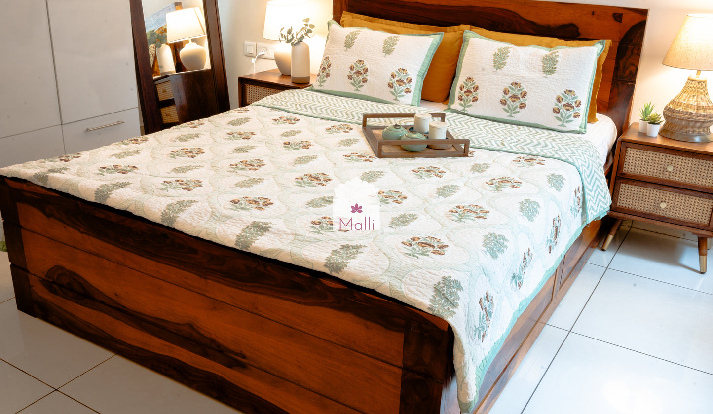 Brown daisy jaal - Quilted reversible bedcover in pure mulmul cotton