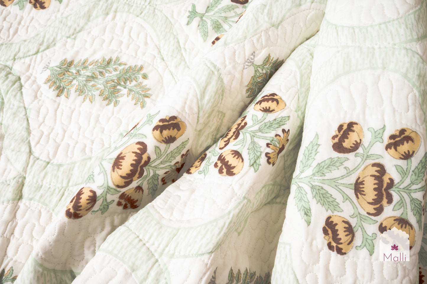 Brown daisy jaal - Quilted reversible bedcover in pure mulmul cotton