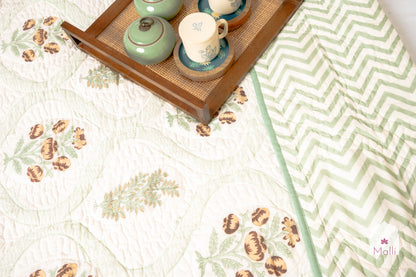 Brown daisy jaal - Quilted reversible bedcover in pure mulmul cotton