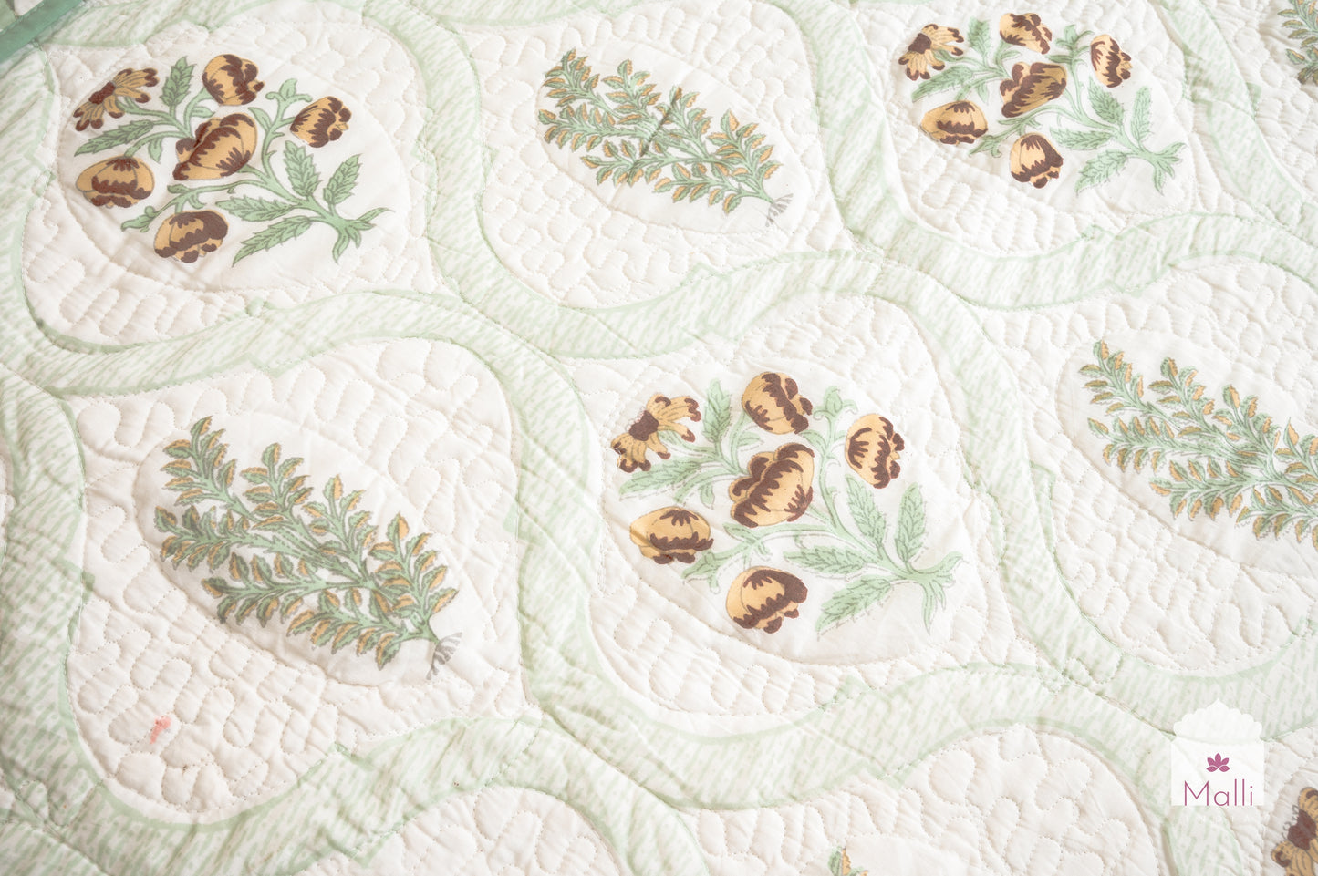 Brown daisy jaal - Quilted reversible bedcover in pure mulmul cotton