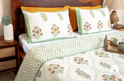 Brown daisy jaal - Quilted reversible bedcover in pure mulmul cotton