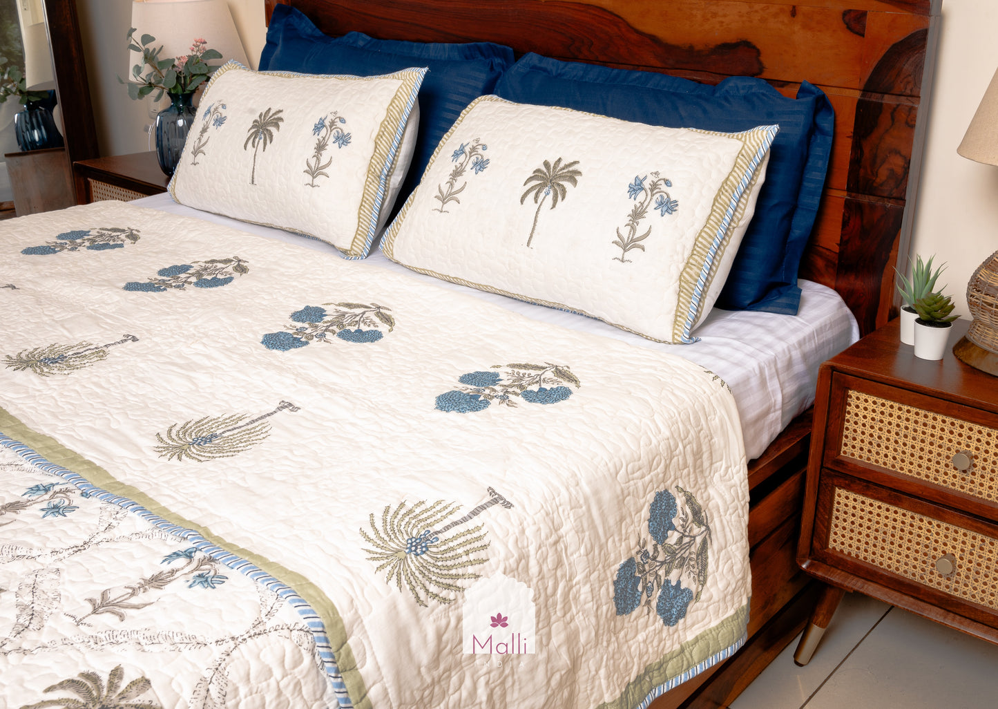 Tulip jaal with marigolds - Quilted reversible bedcover in pure mulmul cotton