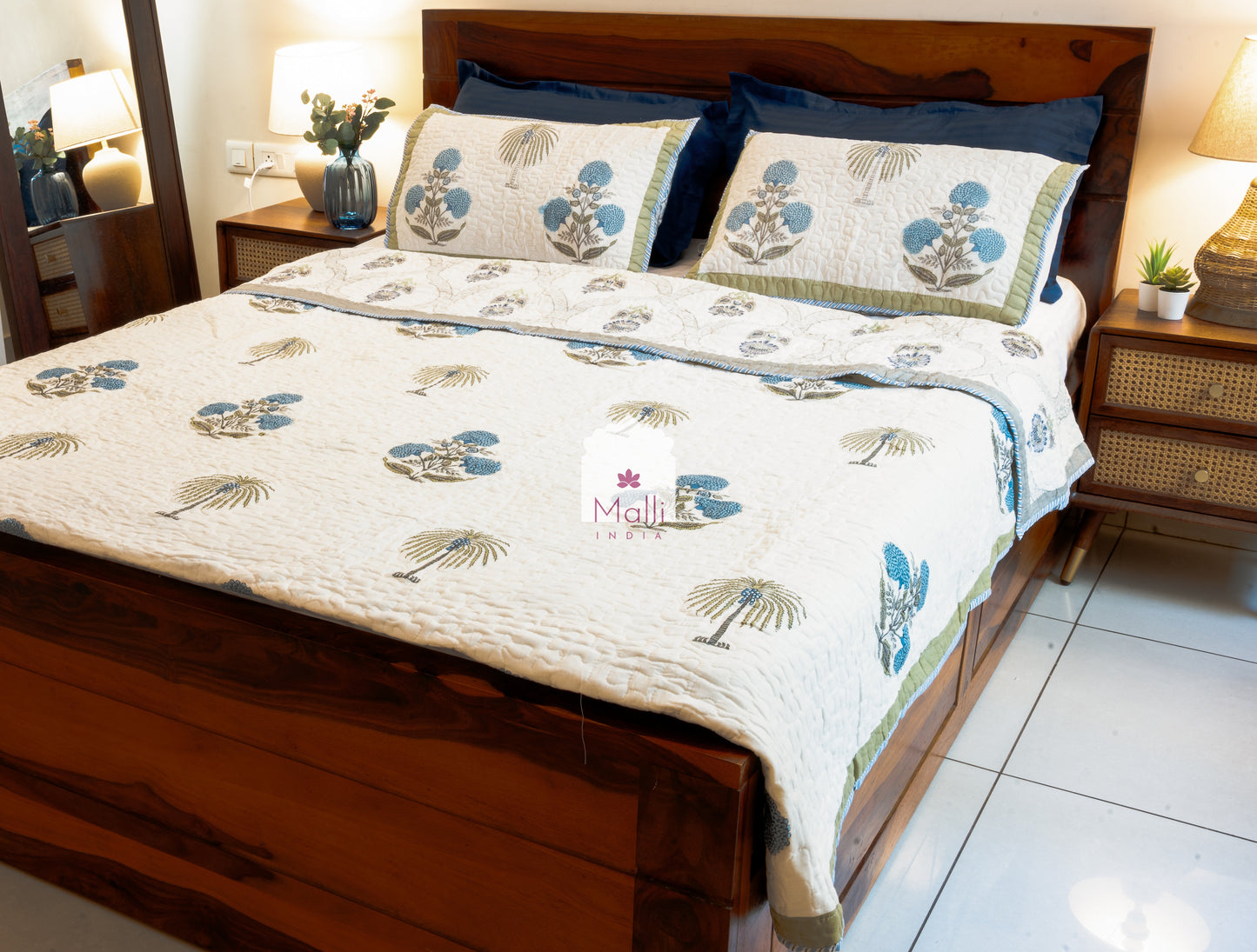 Marigold, palm and sunflower jaal - Quilted reversible bedcover in pure mulmul cotton