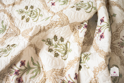 Pink madhumalti jaal - Quilted reversible bedcover in pure mulmul cotton