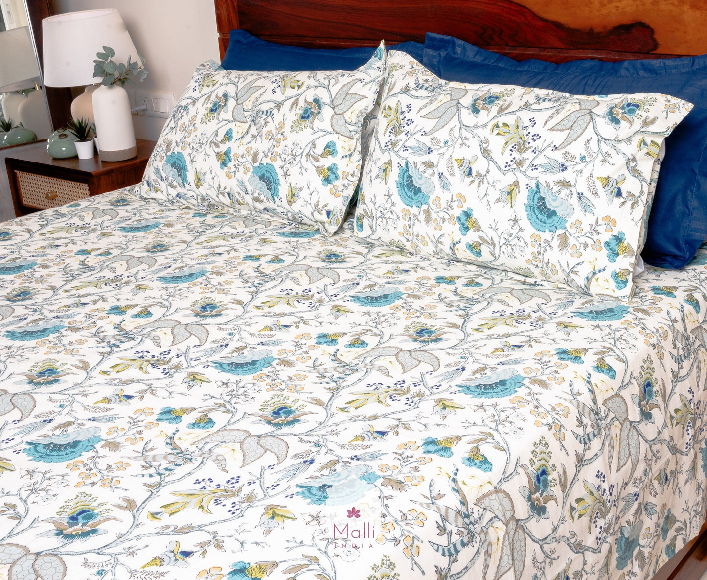 Blue florals on cream base - Pure cotton double bedsheet