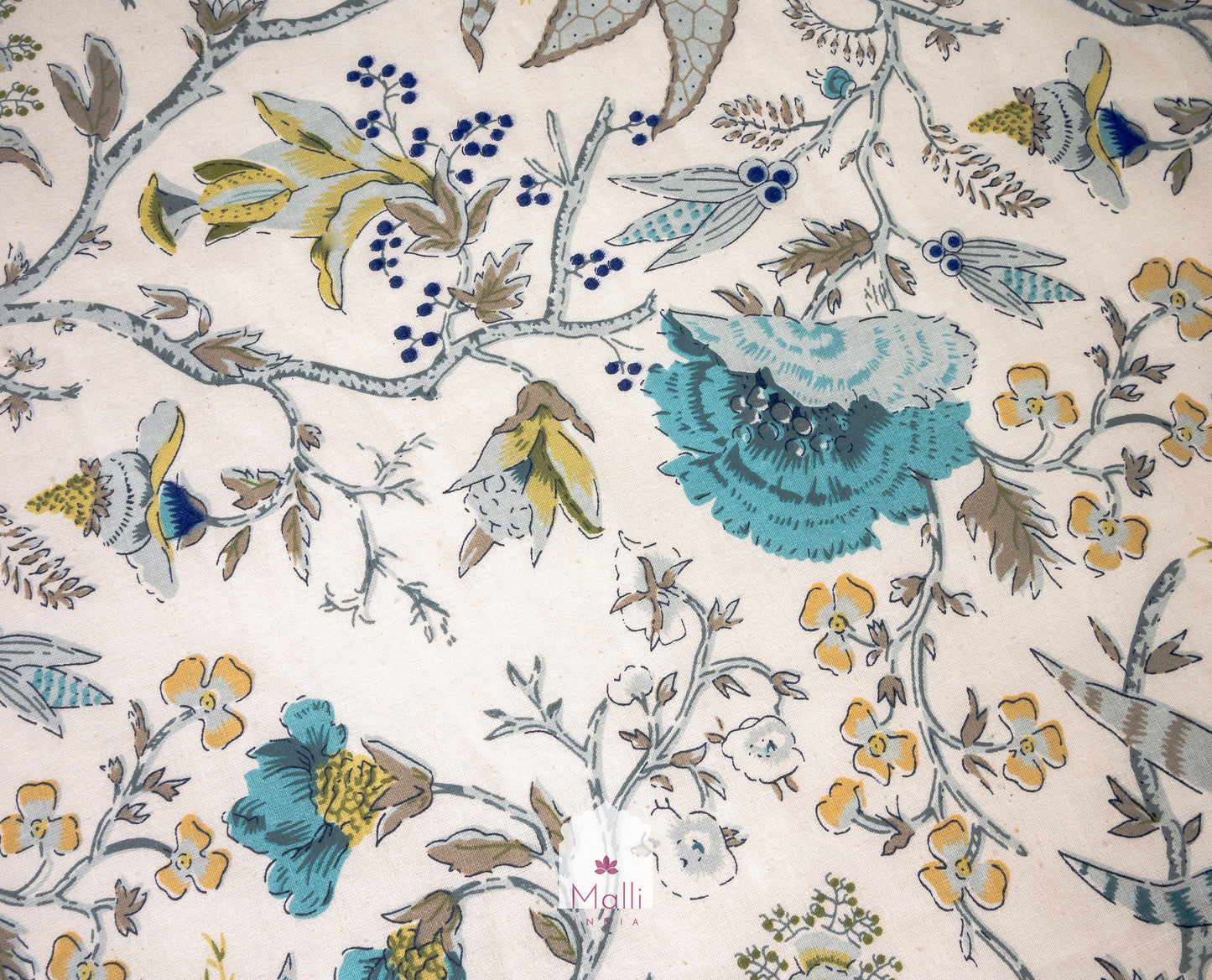 Blue florals on cream base - Pure cotton double bedsheet