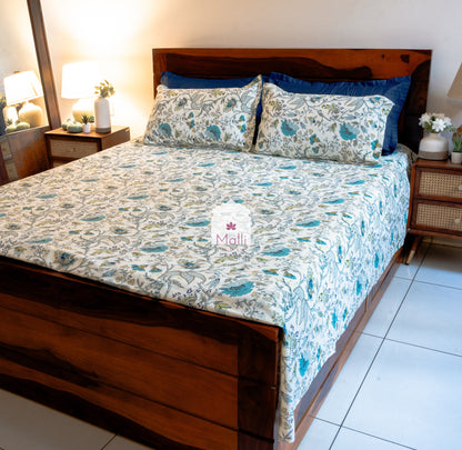 Blue florals on cream base - Pure cotton double bedsheet
