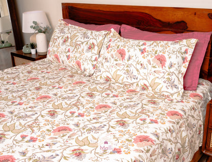 Pink florals on cream base - Pure cotton double bedsheet