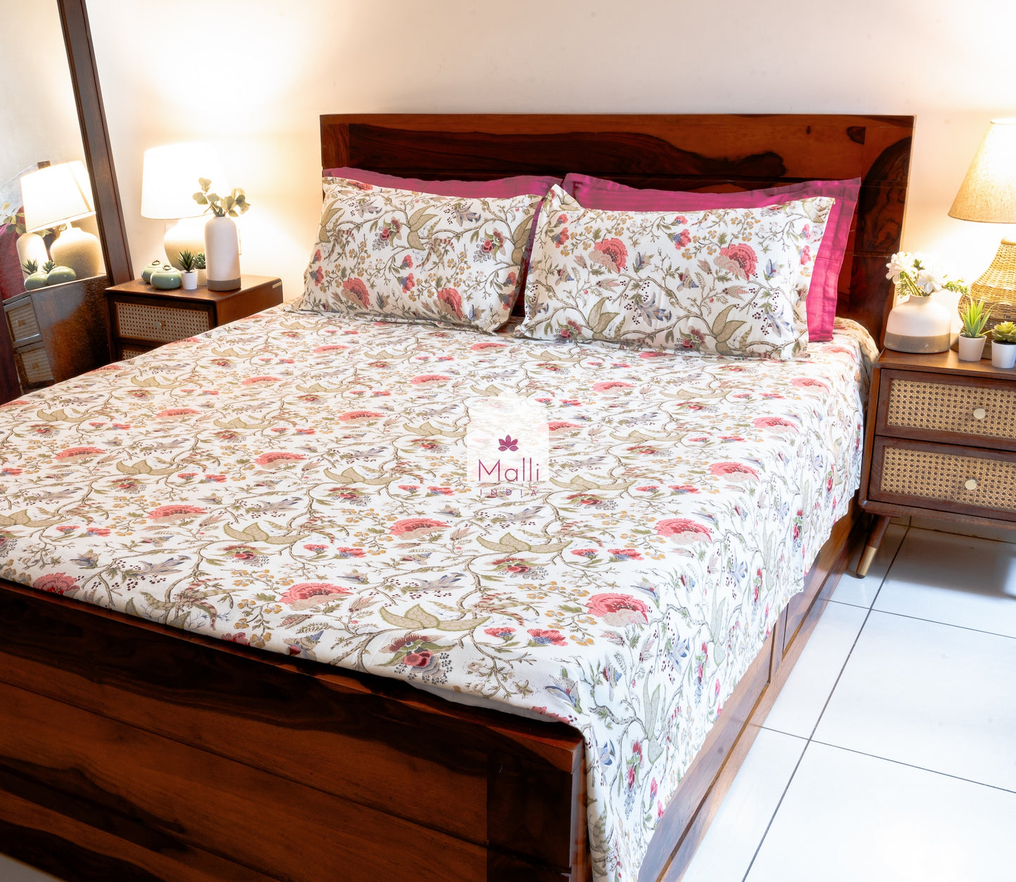 Pink florals on cream base - Pure cotton double bedsheet