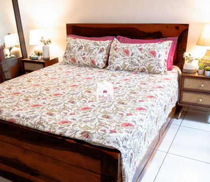 Pink florals on cream base - Pure cotton double bedsheet