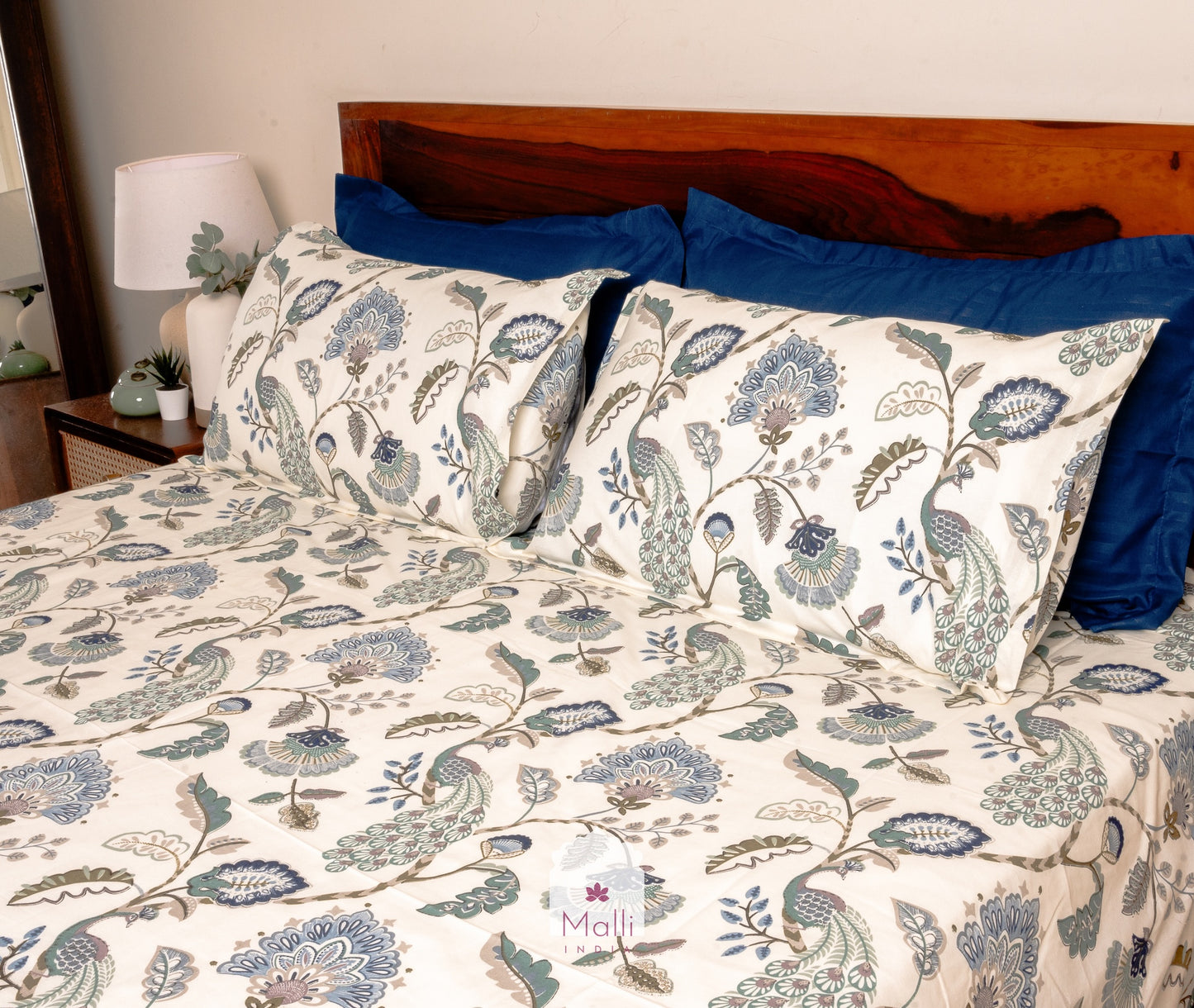 Blue peacock florals on light grey base - Pure cotton double bedsheet