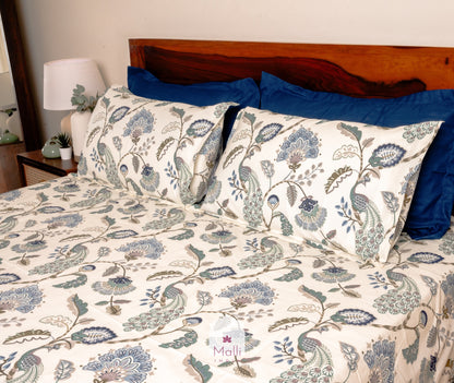 Blue peacock florals on light grey base - Pure cotton double bedsheet
