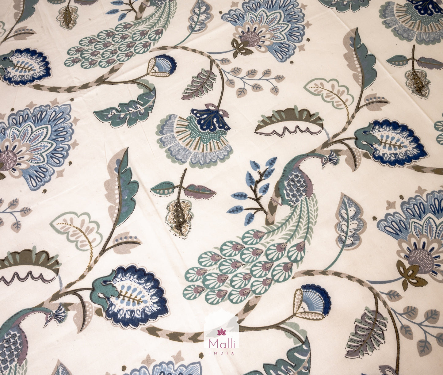 Blue peacock florals on light grey base - Pure cotton double bedsheet