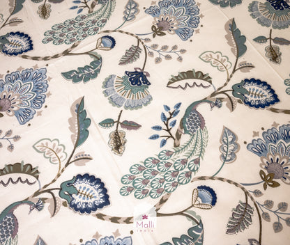Blue peacock florals on light grey base - Pure cotton double bedsheet