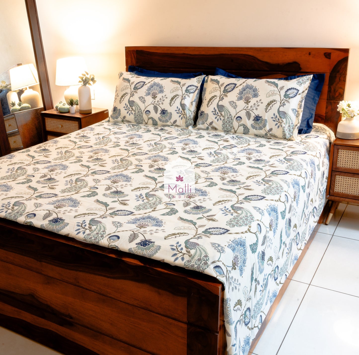 Blue peacock florals on light grey base - Pure cotton double bedsheet
