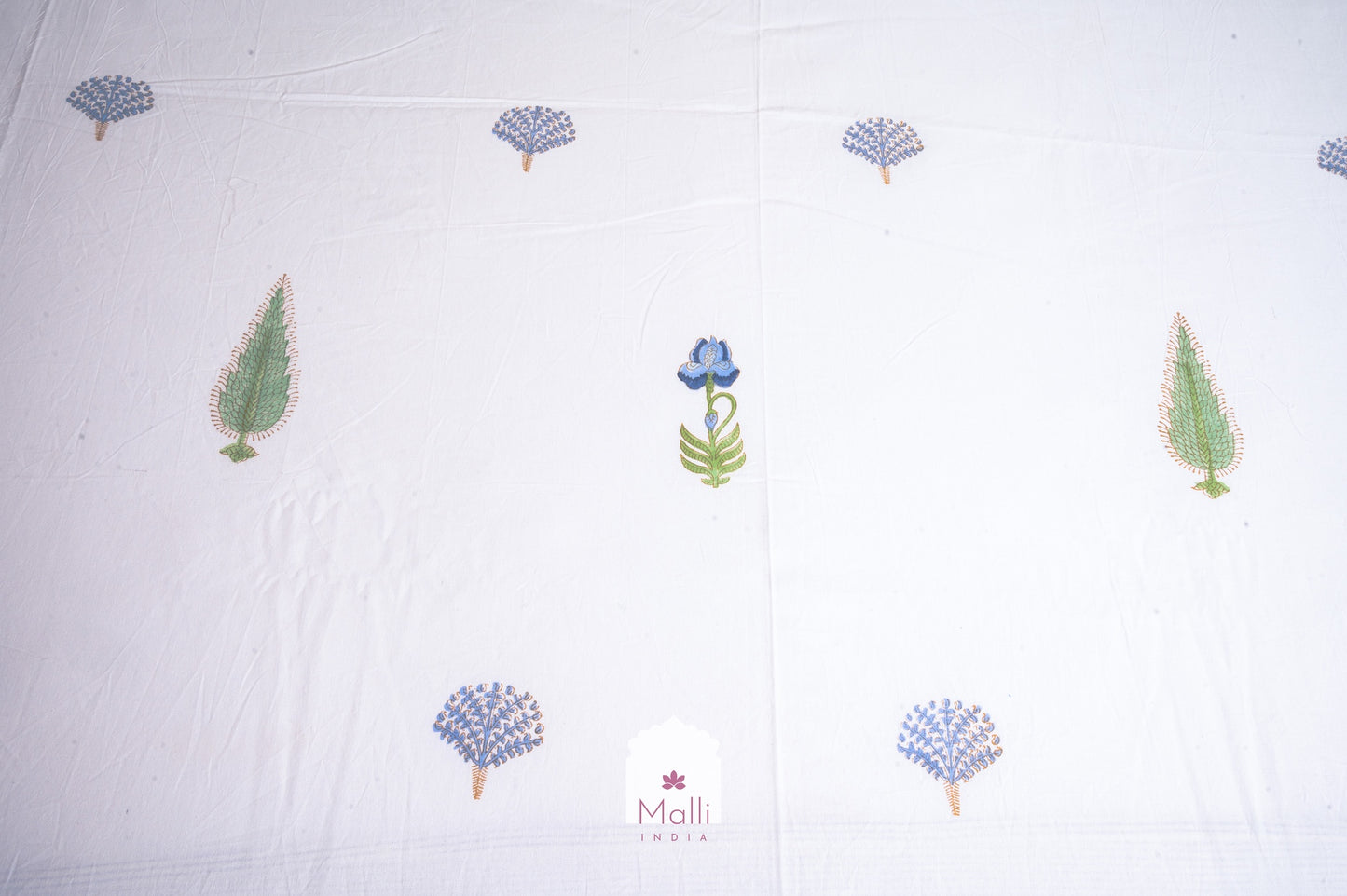 Blue flower & leaf buti - Pure cotton double bedsheet handblock printed