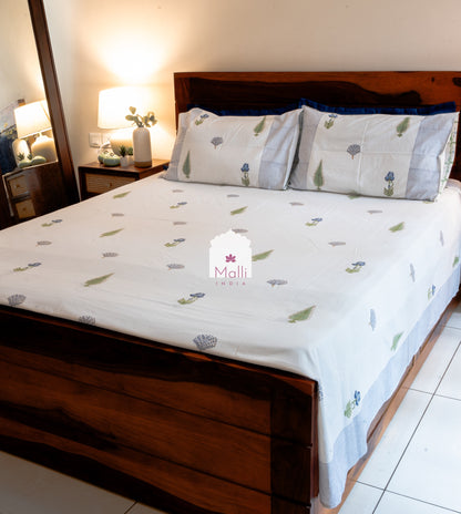 Blue flower & leaf buti - Pure cotton double bedsheet handblock printed