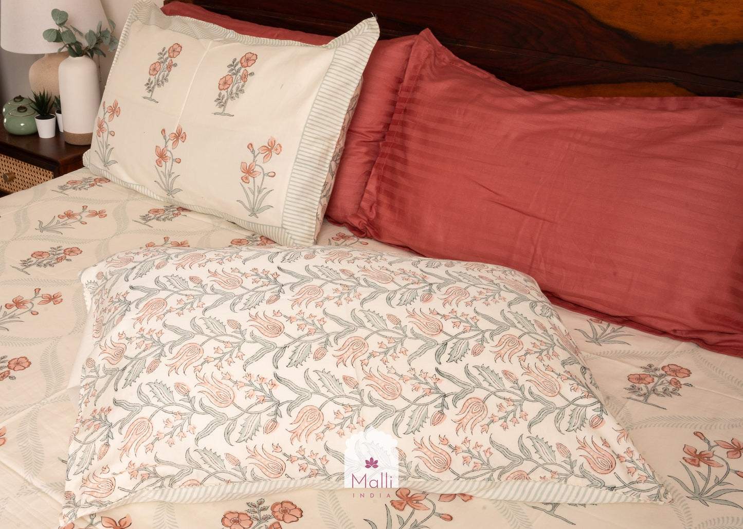 Brown madhumalti flowers with jaal - Pure cotton double bedsheet handblock printed