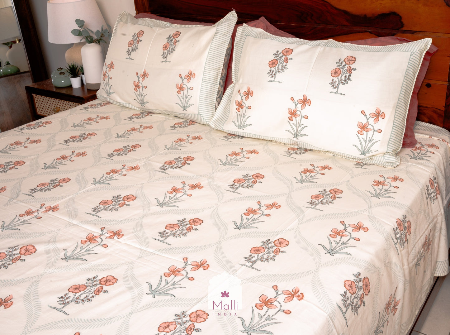 Brown madhumalti flowers with jaal - Pure cotton double bedsheet handblock printed