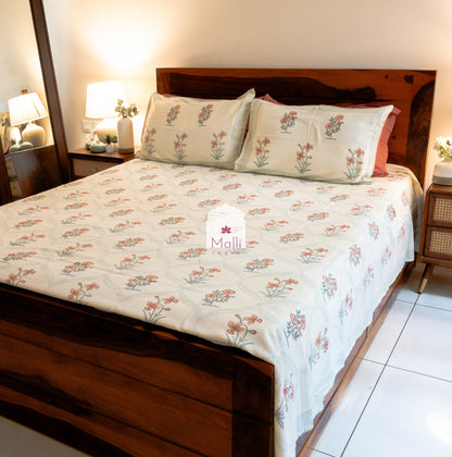 Brown madhumalti flowers with jaal - Pure cotton double bedsheet handblock printed