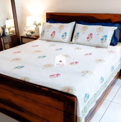 Blue pink florals & palm buti - Pure cotton double bedsheet handblock printed