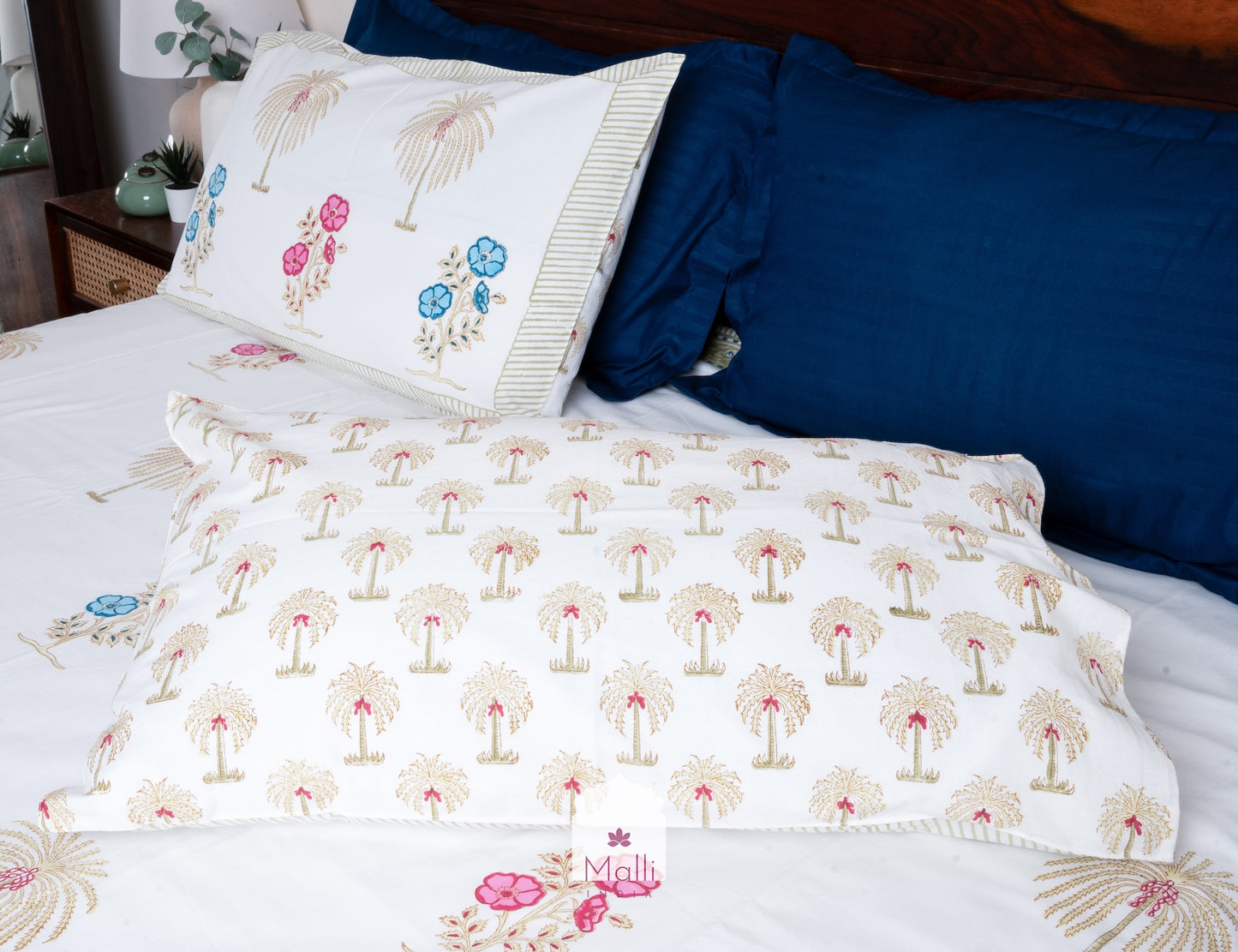 Blue pink florals & palm buti - Pure cotton double bedsheet handblock printed