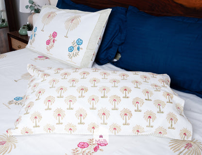 Blue pink florals & palm buti - Pure cotton double bedsheet handblock printed