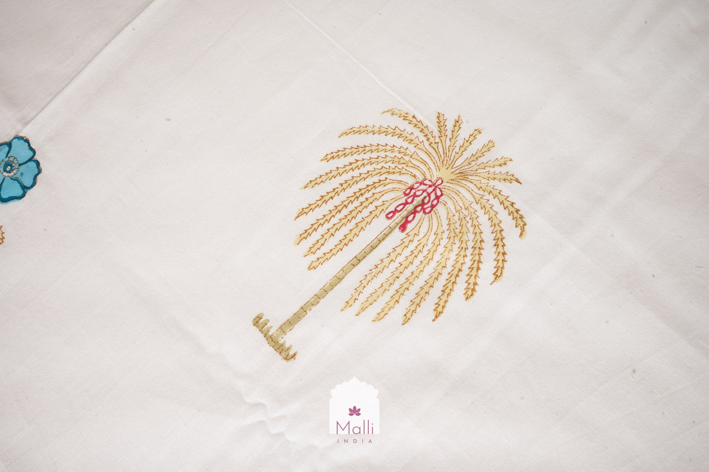 Blue pink florals & palm buti - Pure cotton double bedsheet handblock printed