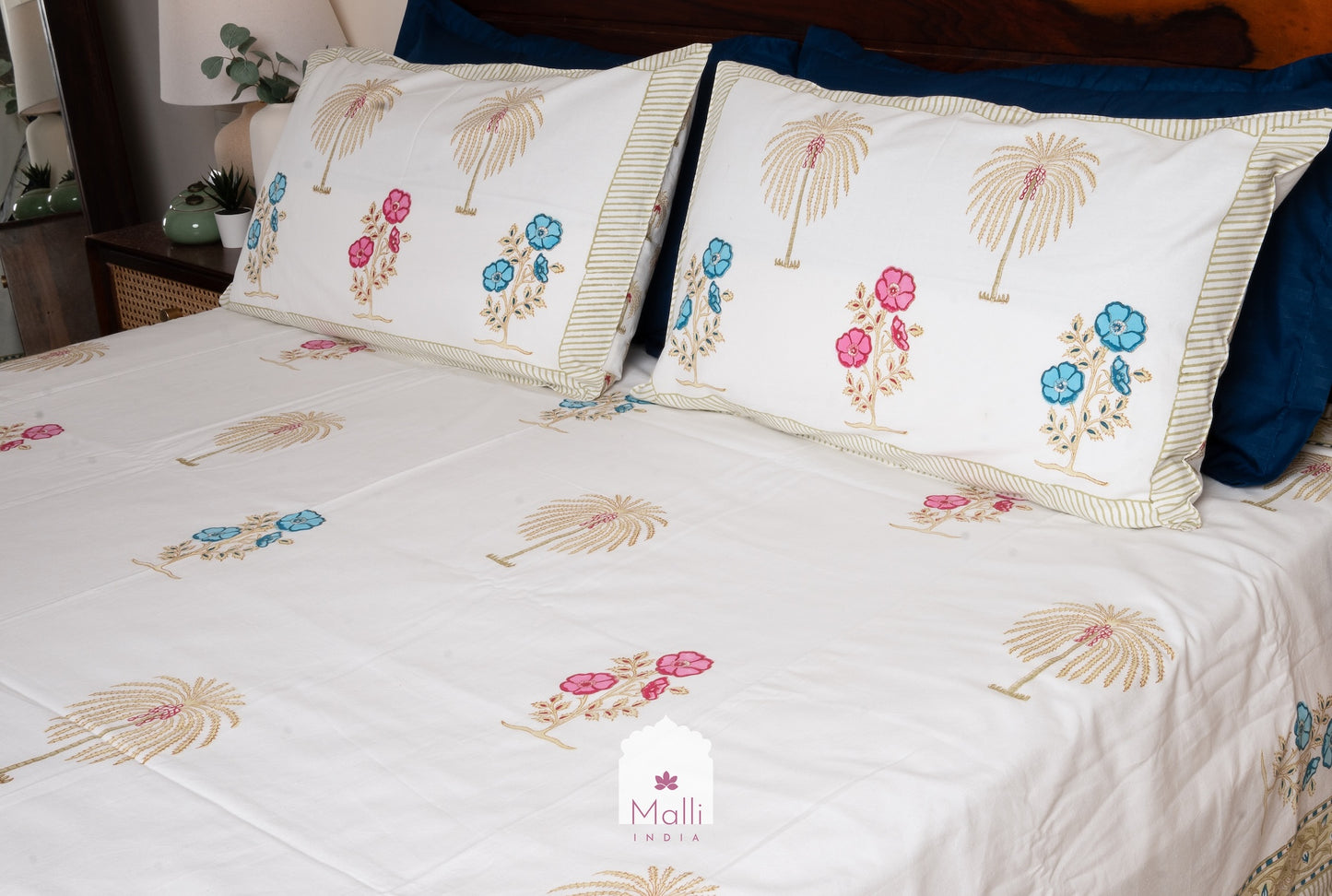 Blue pink florals & palm buti - Pure cotton double bedsheet handblock printed