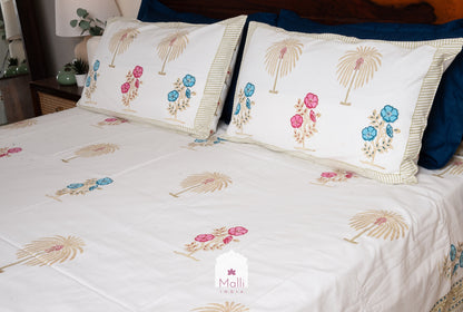Blue pink florals & palm buti - Pure cotton double bedsheet handblock printed