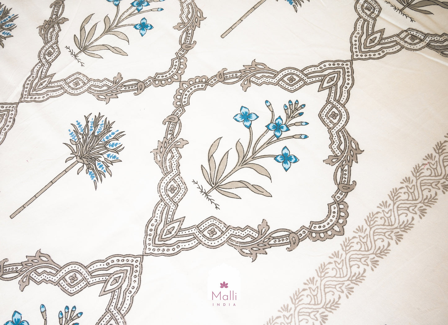 Blue madhumalti & grey shrub buti with jaal at the centre - Pure cotton double bedsheet handblock printed