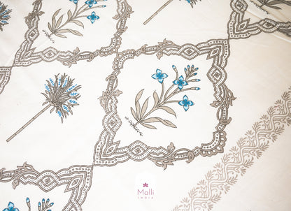 Blue madhumalti & grey shrub buti with jaal at the centre - Pure cotton double bedsheet handblock printed