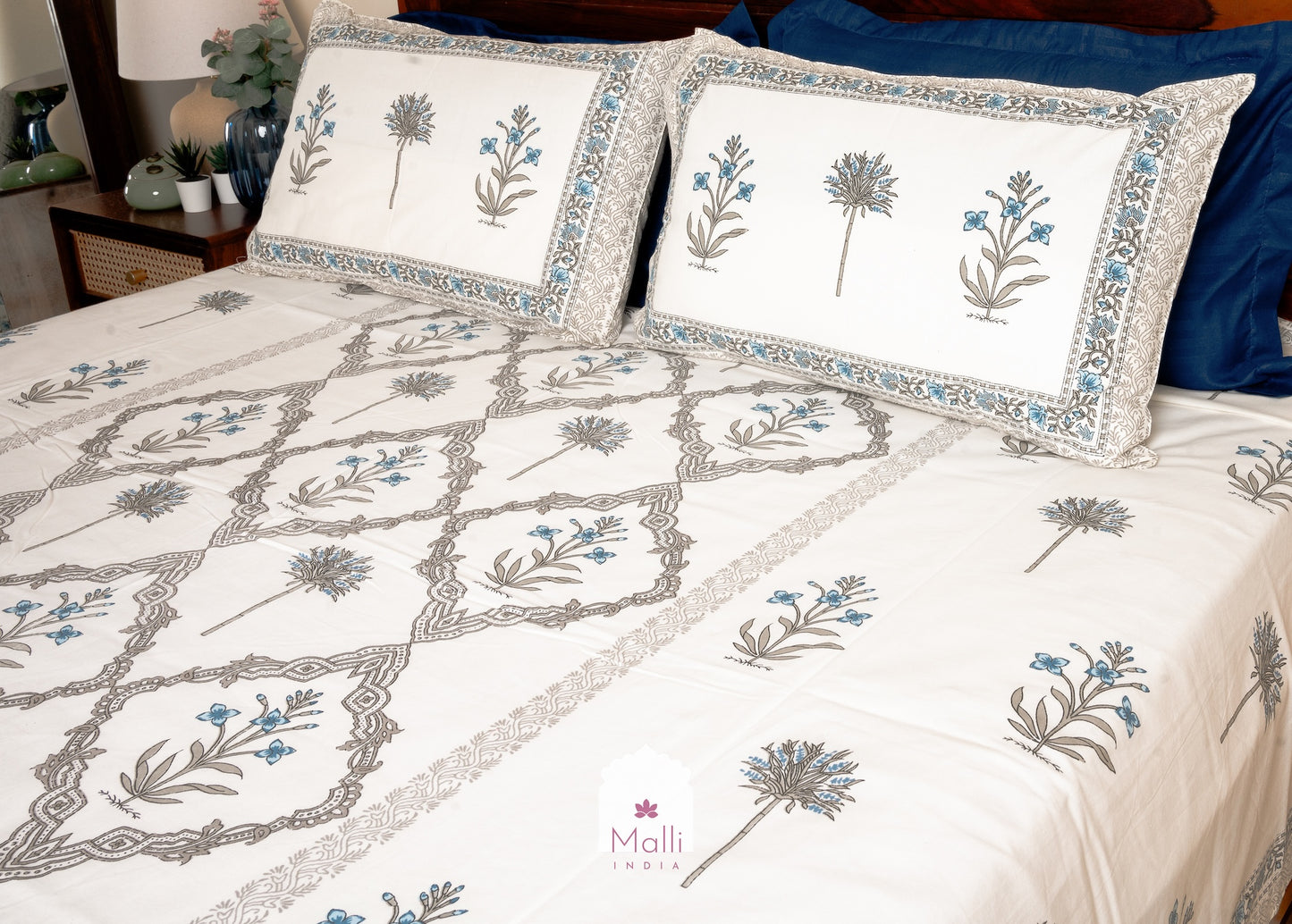Blue madhumalti & grey shrub buti with jaal at the centre - Pure cotton double bedsheet handblock printed