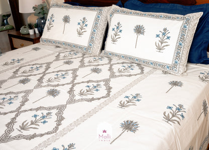 Blue madhumalti & grey shrub buti with jaal at the centre - Pure cotton double bedsheet handblock printed