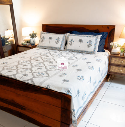 Blue madhumalti & grey shrub buti with jaal at the centre - Pure cotton double bedsheet handblock printed