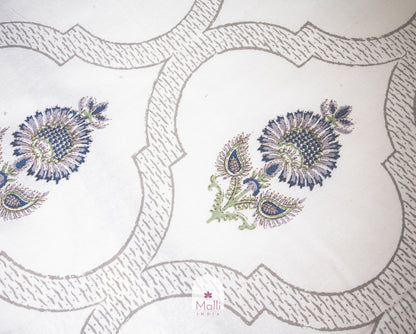 Blue sunflower & grey jaal - Pure cotton double bedsheet handblock printed