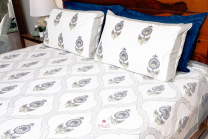 Blue sunflower & grey jaal - Pure cotton double bedsheet handblock printed