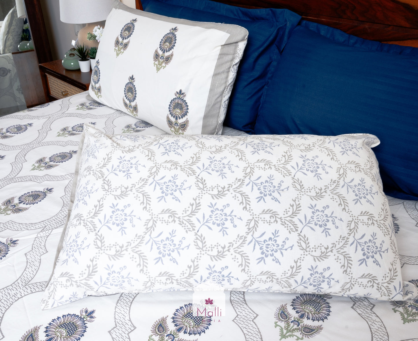 Blue sunflower & grey jaal - Pure cotton double bedsheet handblock printed