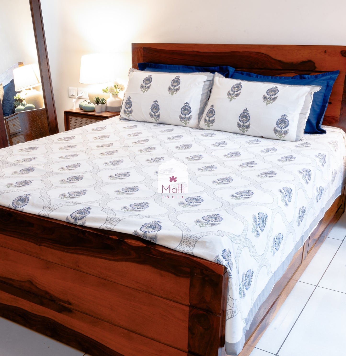 Blue sunflower & grey jaal - Pure cotton double bedsheet handblock printed