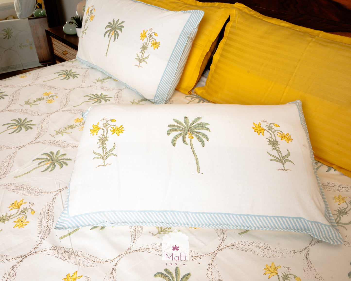 Green palm & yellow petunia jaal - Pure cotton double bedsheet handblock printed