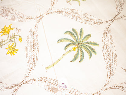 Green palm & yellow petunia jaal - Pure cotton double bedsheet handblock printed
