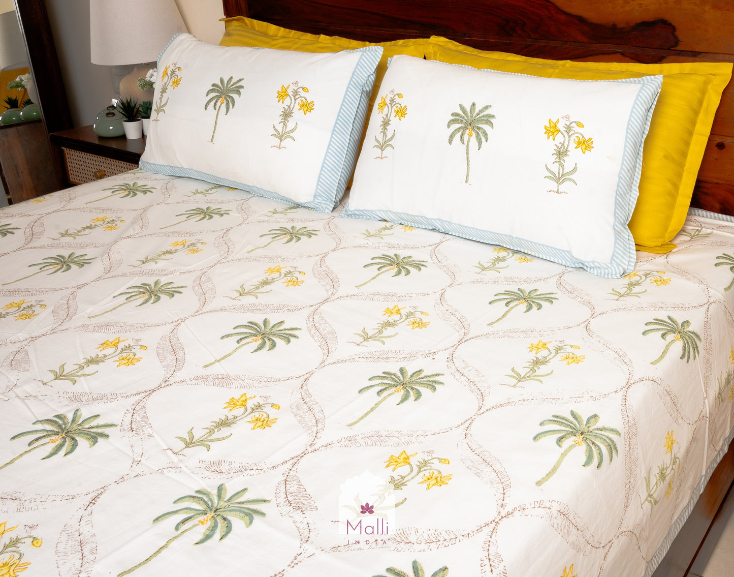 Green palm & yellow petunia jaal - Pure cotton double bedsheet handblock printed