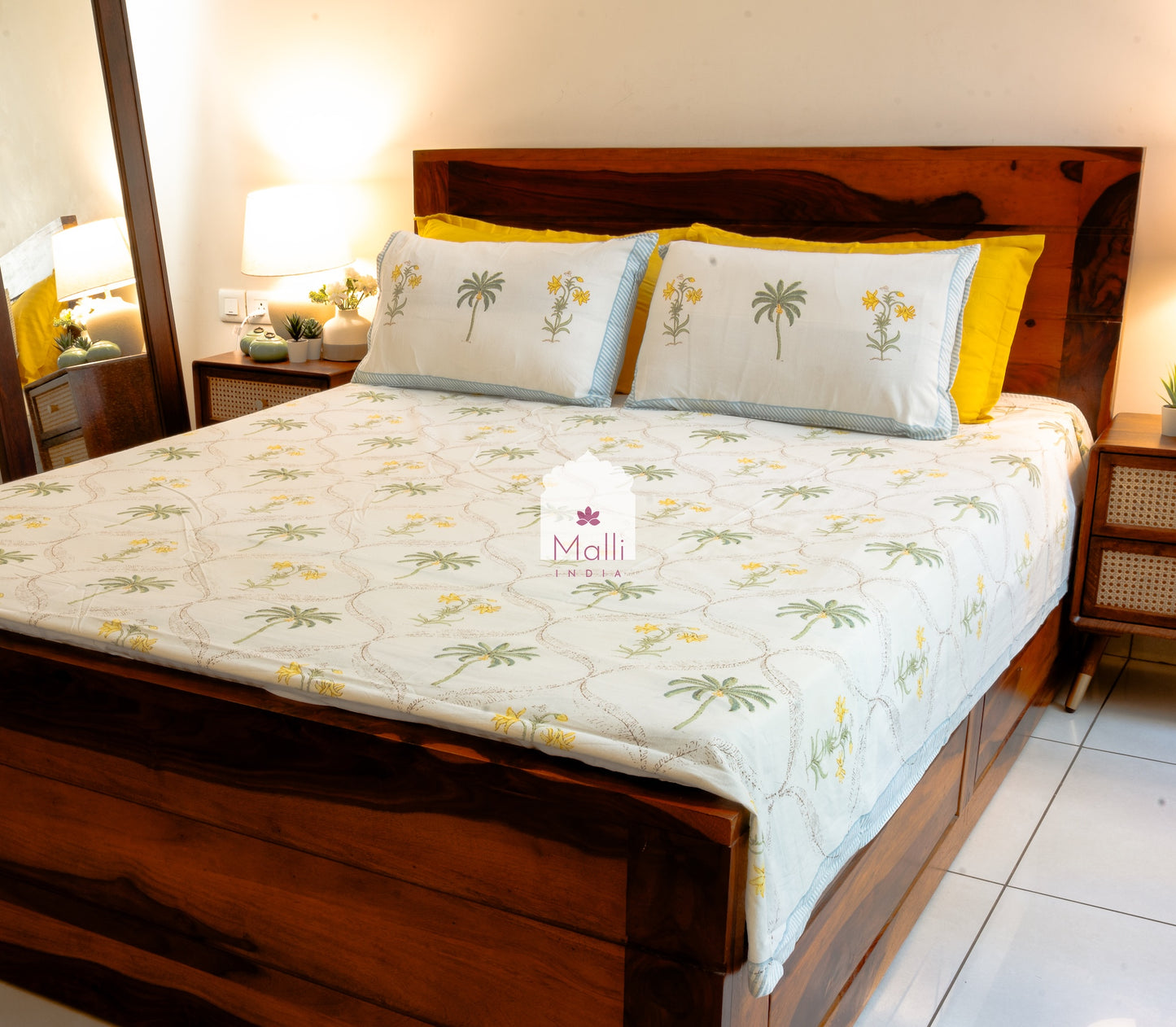 Green palm & yellow petunia jaal - Pure cotton double bedsheet handblock printed