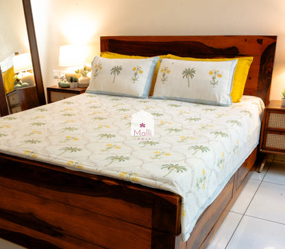 Green palm & yellow petunia jaal - Pure cotton double bedsheet handblock printed