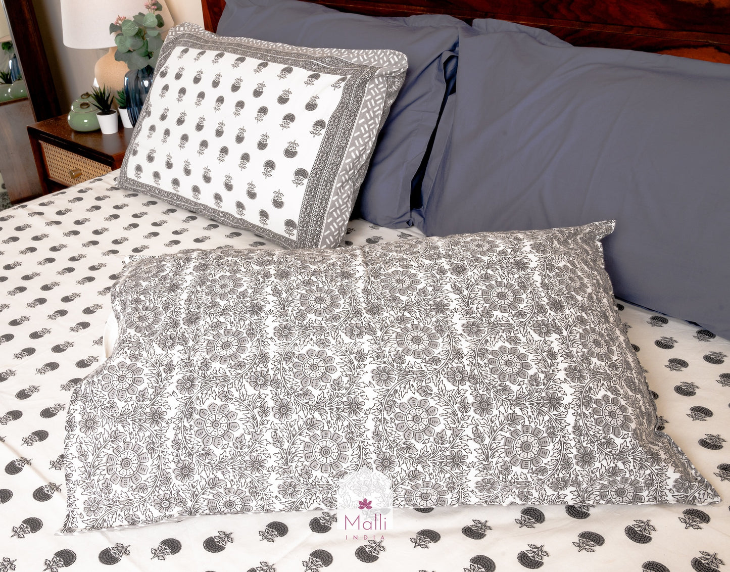 Grey marigold buti - Pure cotton double bedsheet handblock printed