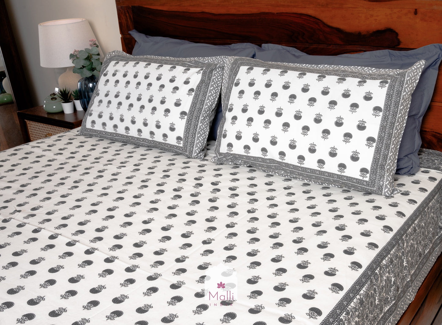 Grey marigold buti - Pure cotton double bedsheet handblock printed