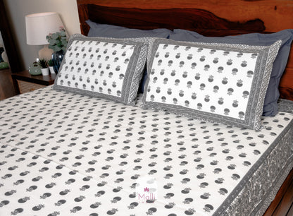 Grey marigold buti - Pure cotton double bedsheet handblock printed