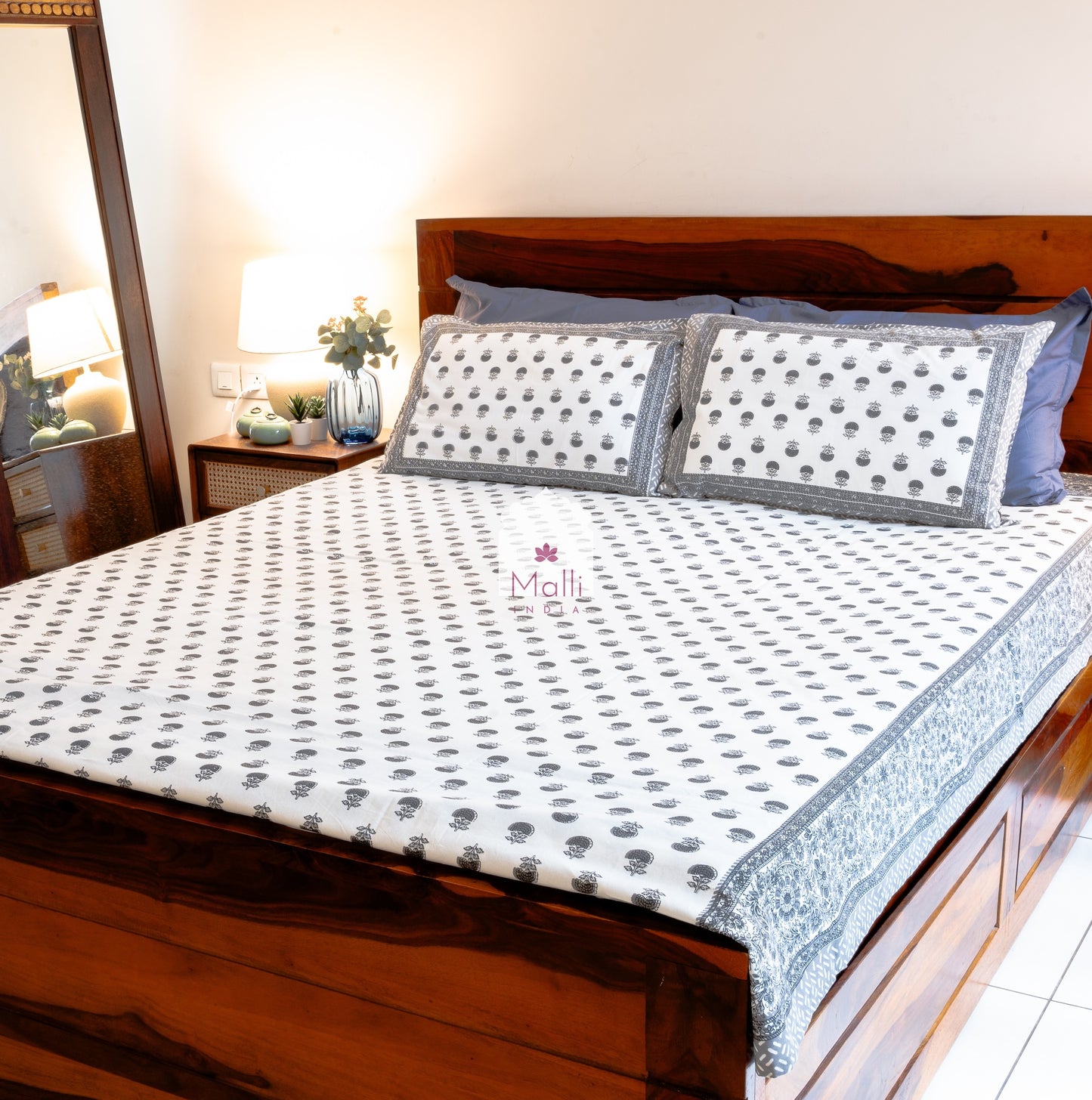 Grey marigold buti - Pure cotton double bedsheet handblock printed