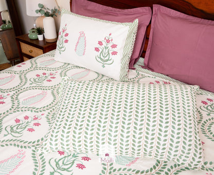Mughal pink lotus in green leaf jaal - Pure cotton double bedsheet handblock printed